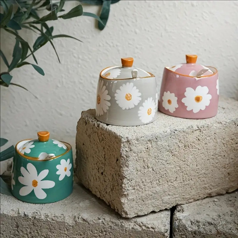 Floral Ceramic Spice Jar - Vintage Seasoning Container with Lid and Spoon
