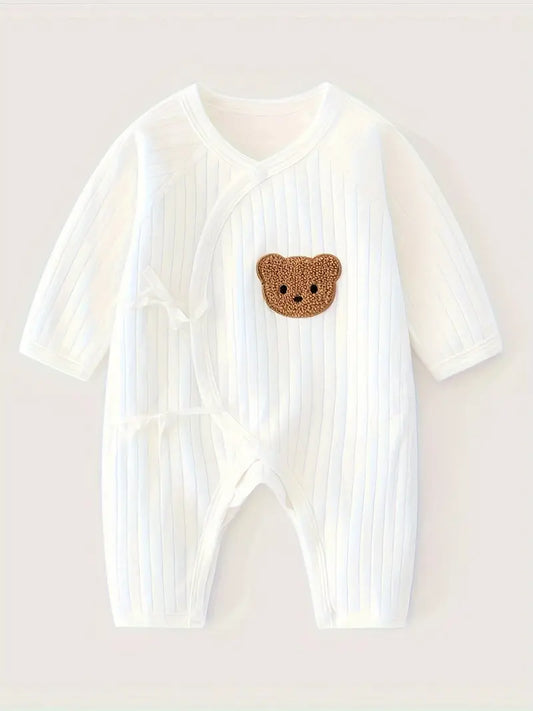 Babyjongens jumpsuit van katoen met beerborduursel | Zachte outfit met lange mouwen voor lente en herfst