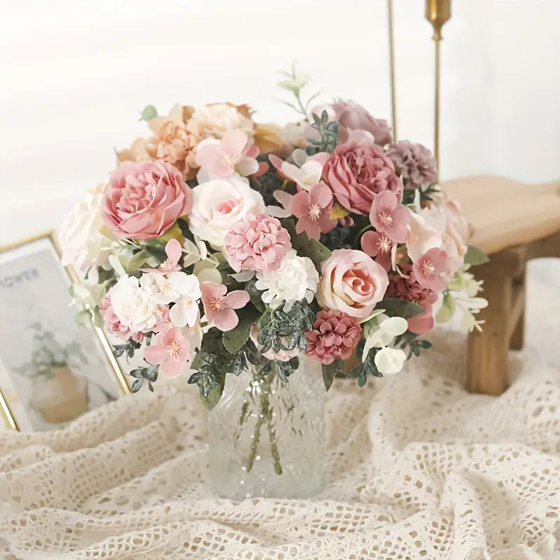 Bouquet de fleurs artificielles en soie de 76 cm – 7 roses et pivoines pour Noël, Thanksgiving et plus encore