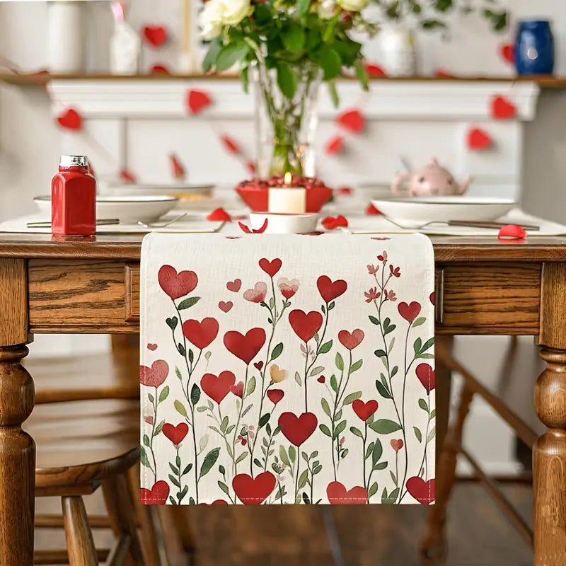 Linen Valentine’s Table Runner – Red Heart Plant Design for Romantic Events