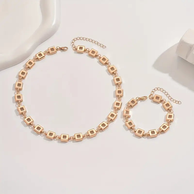 2pcs Boho Hollow Square Link Necklace & Bracelet Set – Versatile Jewelry for Women