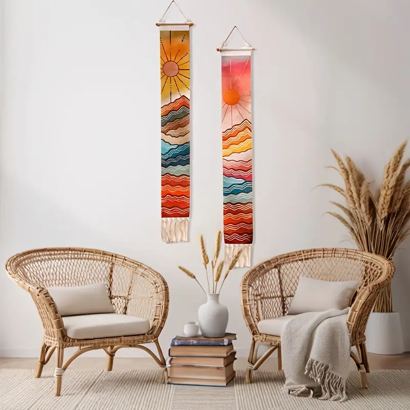 2pcs Handmade Cotton Wall Tapestry, Sun and Moon Desert Landscape with Tassels