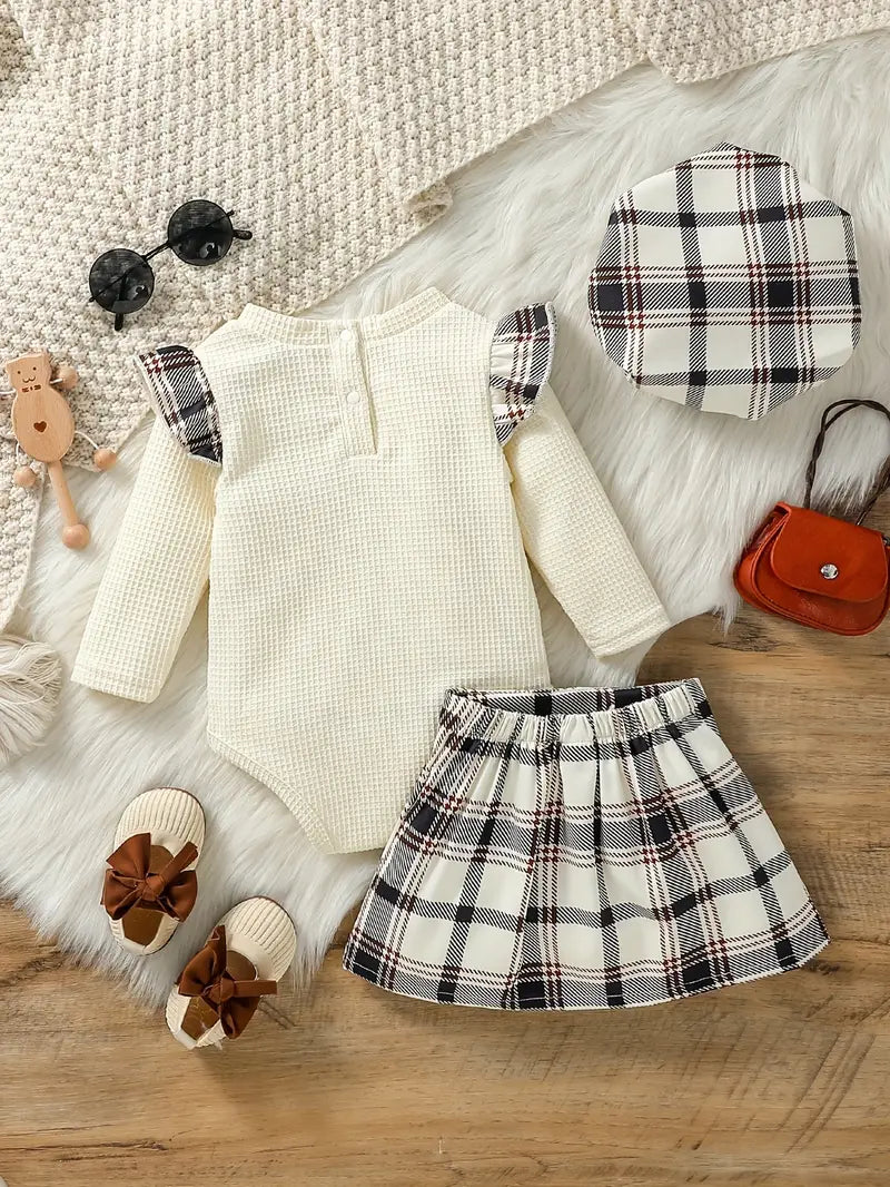 3-delige outfitset voor een chique peutermeisje - rompertje met lange mouwen, rok en bijpassende hoed