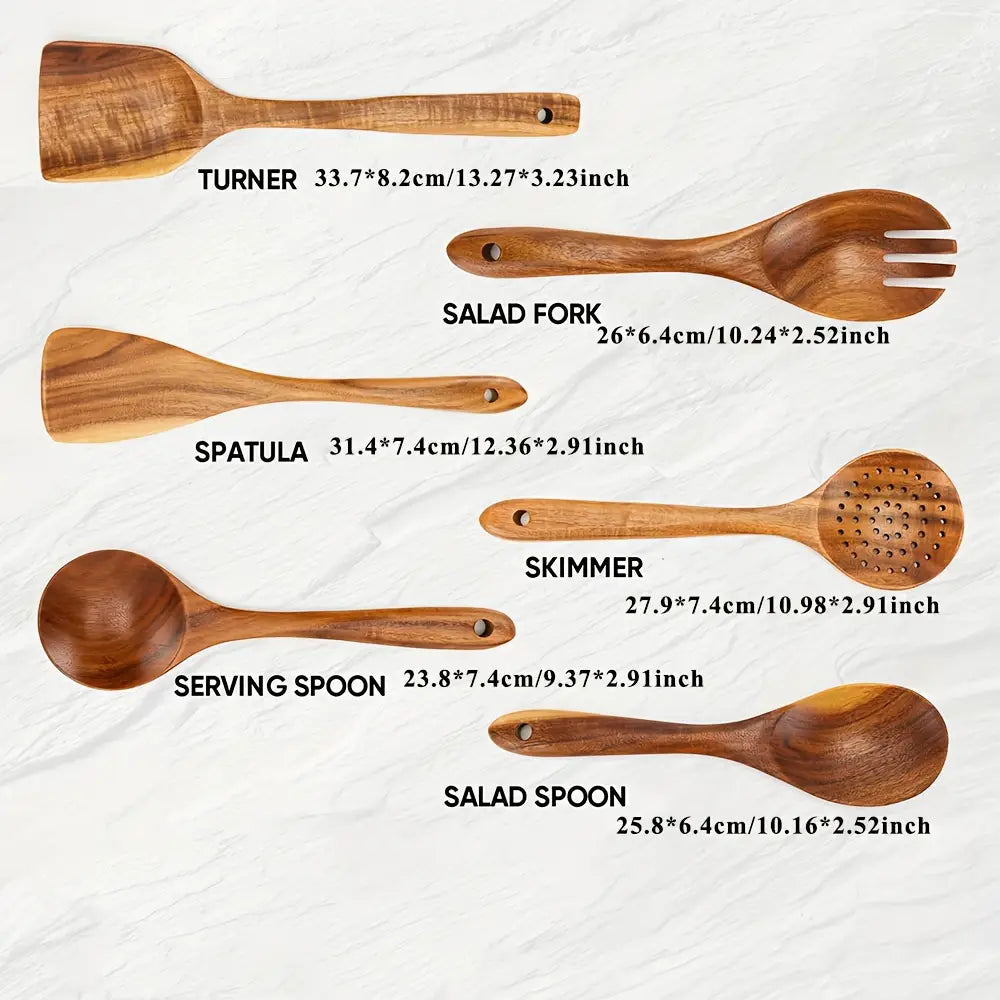 6pcs Teak Wooden Cooking Utensil Set - Comfort-Grip, Non-Stick, Smooth Finish Wood Spoons