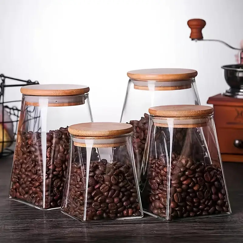 Glass Storage Jar Set - Airtight Food Canisters with Wooden Lids