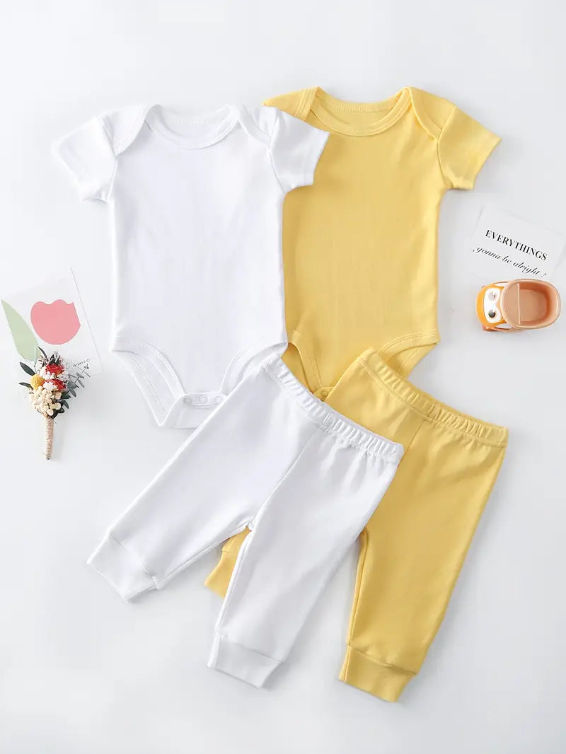 Ensemble 4 pièces pour bébé garçon | Barboteuse à manches courtes et pantalon en coton – Lavable en machine