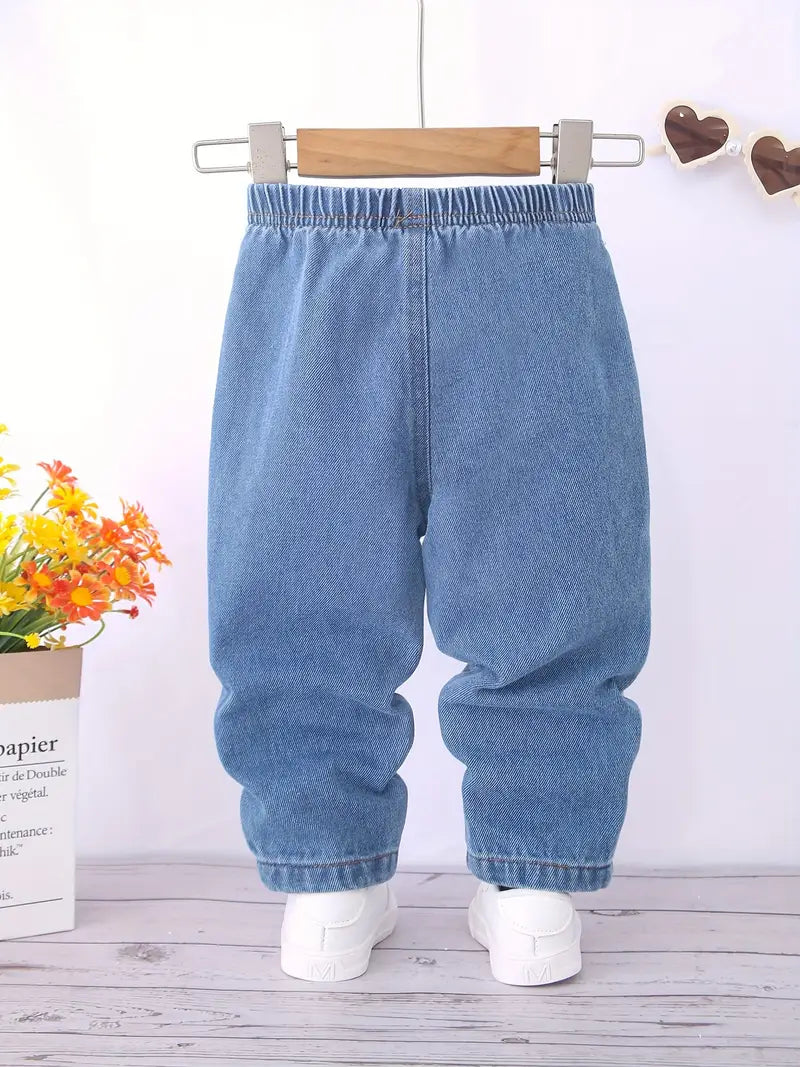 Schattige geborduurde meisjesjeans - zachte rayonmix, machinewasbaar voor herfst/winter met zakken