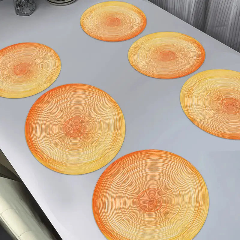 6PC Round Striped Placemats – Orange & Yellow Polyester Dinner Mats