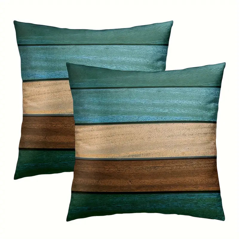 Lot de 2 housses de coussin contemporaines – Motif grain de bois bleu sarcelle et marron