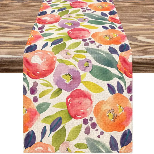 Watercolor Floral Table Runner – Orange & Green Linen Spring Decor, Multiple Sizes