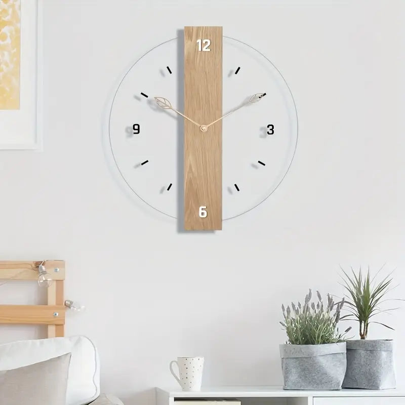 Silent Wall Clock - Wood Leaf, Acrylic, No Ticking
