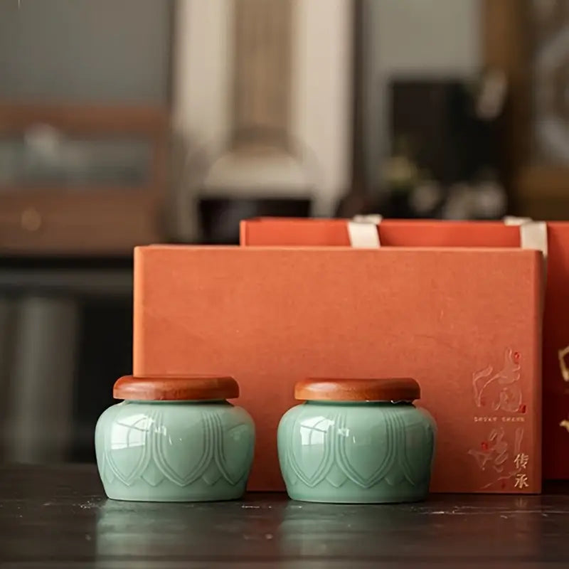 Blue-Green Ceramic Jar - Lotus Leaf Decor, Home and Kitchen