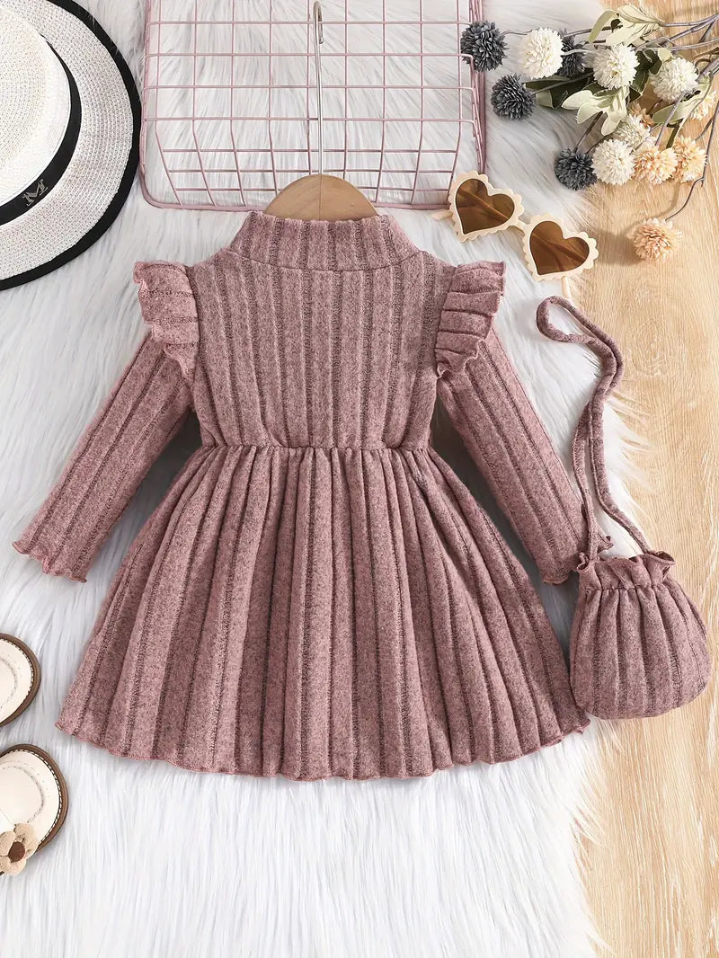 Robe rayée à manches longues avec volants et sac assorti | Tenue élégante pour fille