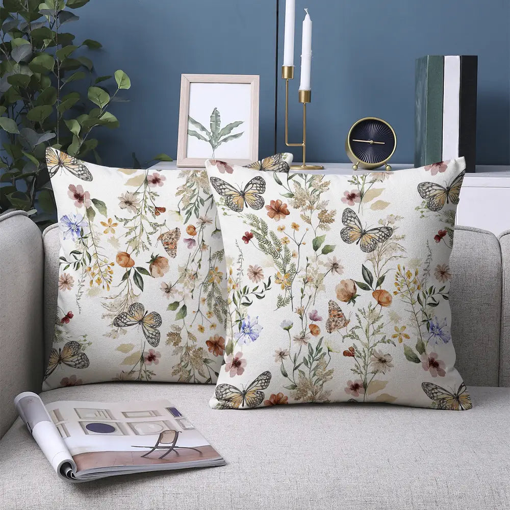 Set of 2 Contemporary Floral and Butterfly Throw Pillow Covers, 45.72x45.72 cm