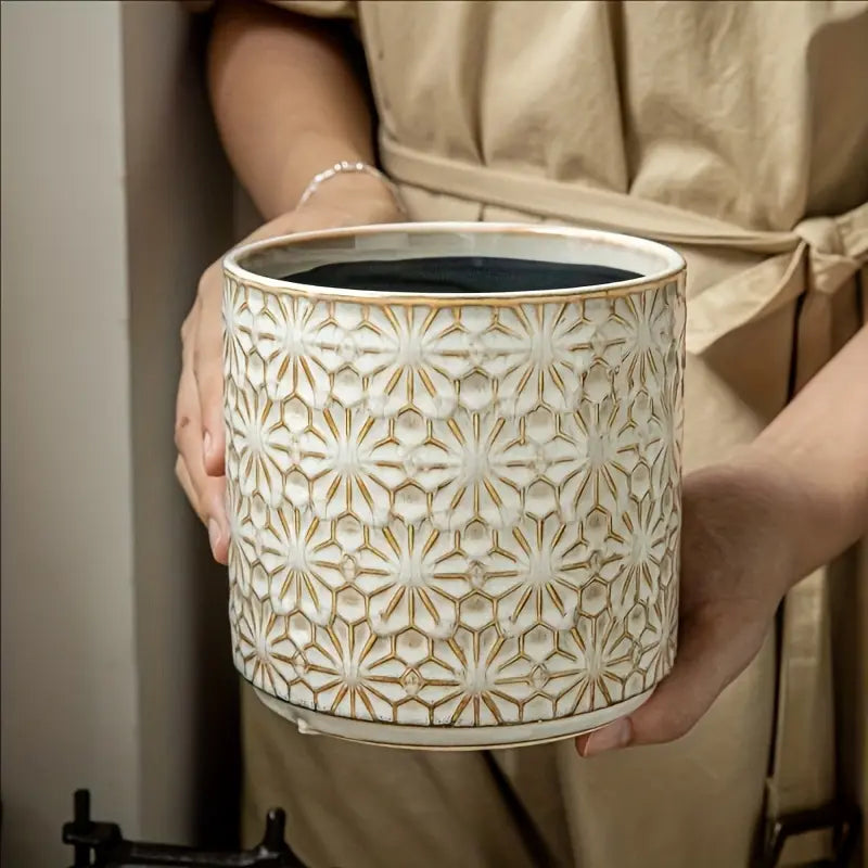 Rustic Ceramic Utensil Holder - Embossed Spoon Tool Storage Vase