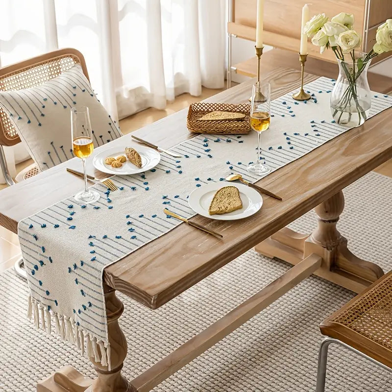 Boho Music Note Table Runner – Jacquard Fringe Linen for Dining or TV Cabinets