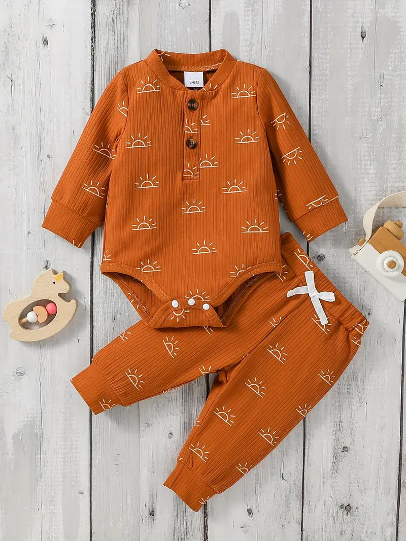 Baby Cartoon Zonneprint Romper & Broek Set | Zachte & Stijlvolle Babyoutfit