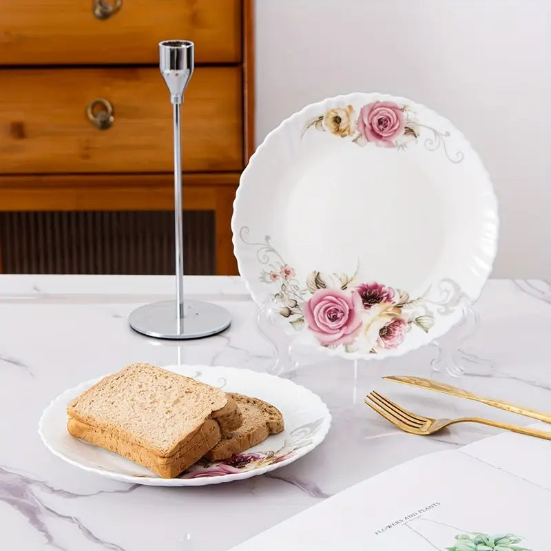 4PCS Tempered Opal Glass Plates – Rose Design, Dishwasher Safe Dinnerware