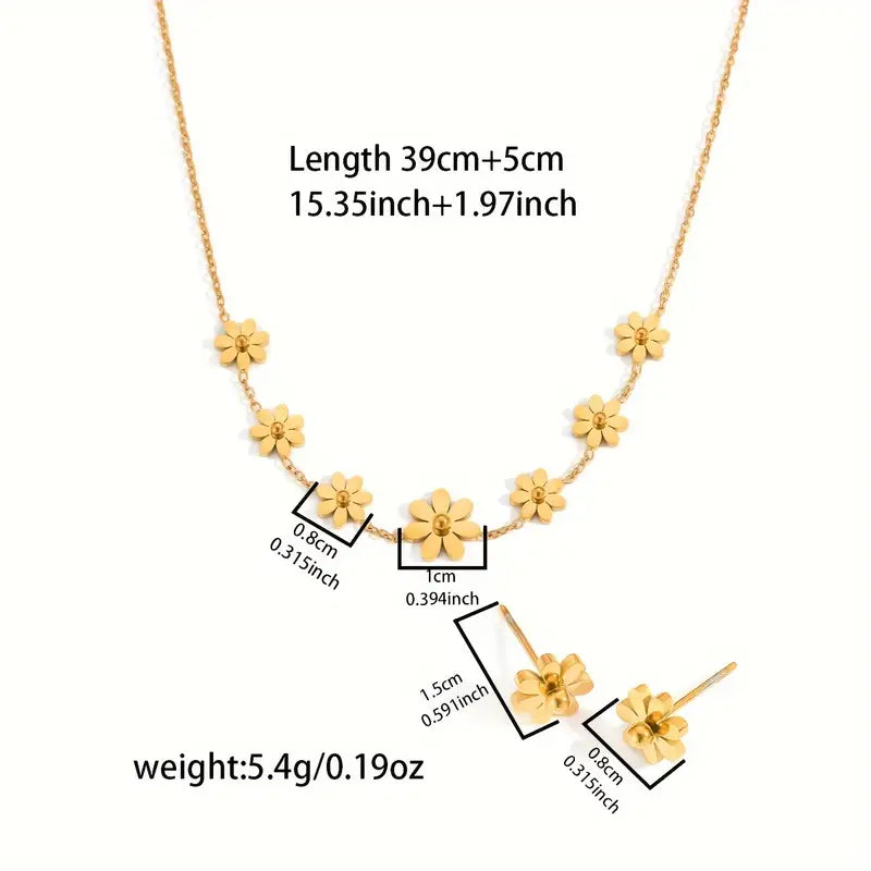 18K Gold Plated Necklace Earrings Set - Stainless Steel Jewelry