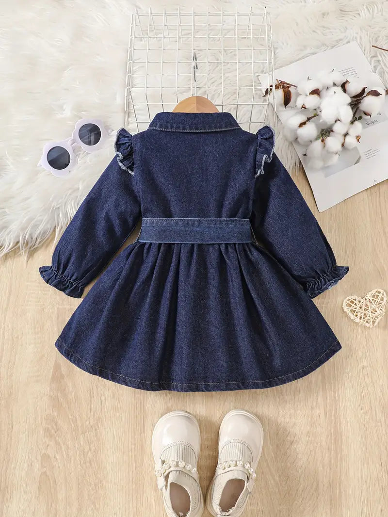 Robe à volants pour bébé fille | Tenue unie à manches longues et ceinture nouée