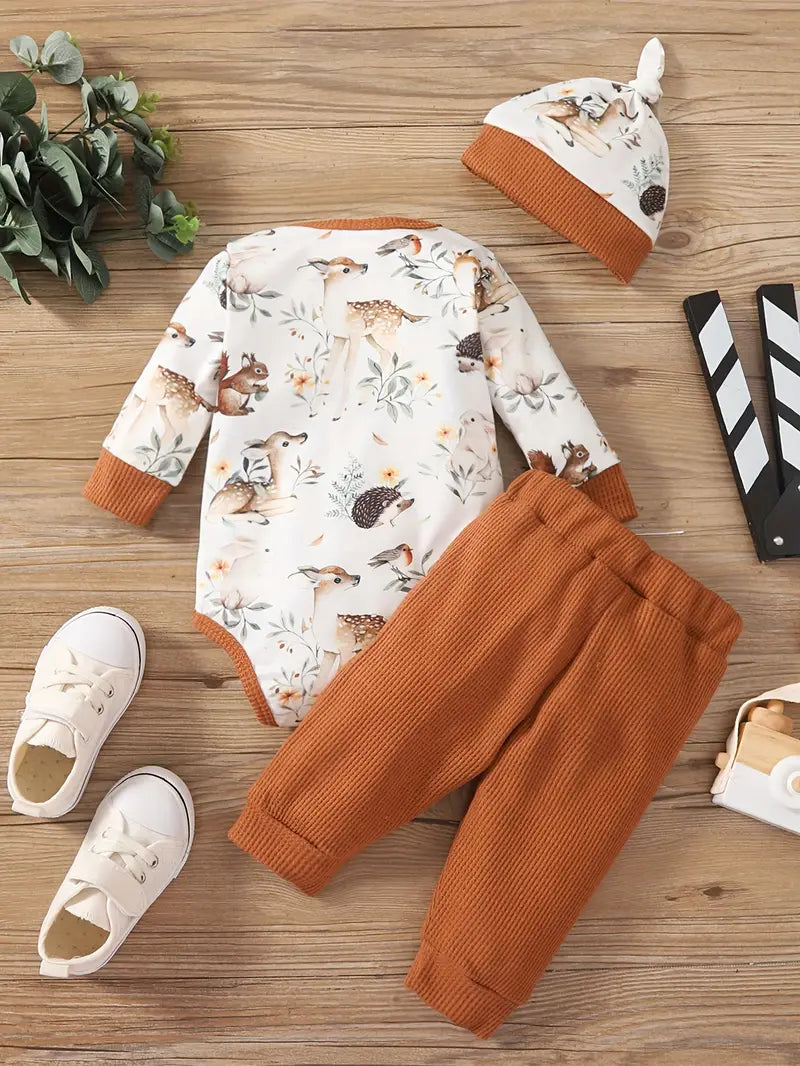 Ensemble grenouillère bébé aquarelle | Coffret cadeau body manches longues, bonnet et pantalon