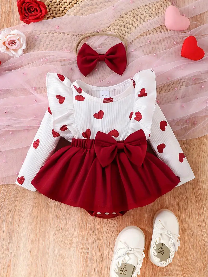 Ensemble combinaison et bandeau pour bébé fille à imprimé cœurs | Tenue douillette pour le printemps et l'automne