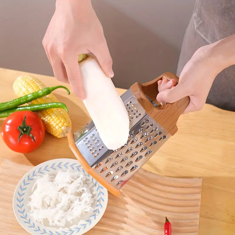 6-Sided Manual Veg Grater – Stainless Steel Slicer with Wooden Handle