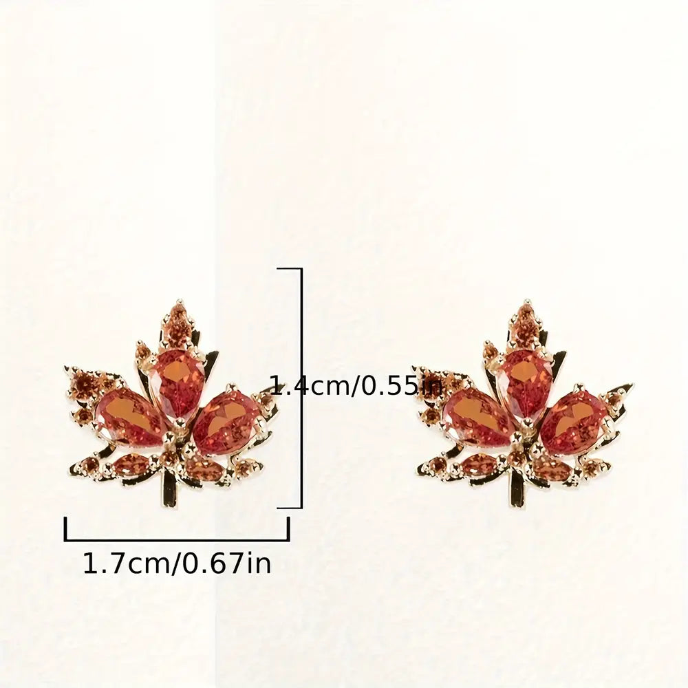 14K Golden Plated Red Maple Leaf zirconia Stud Earrings for Women