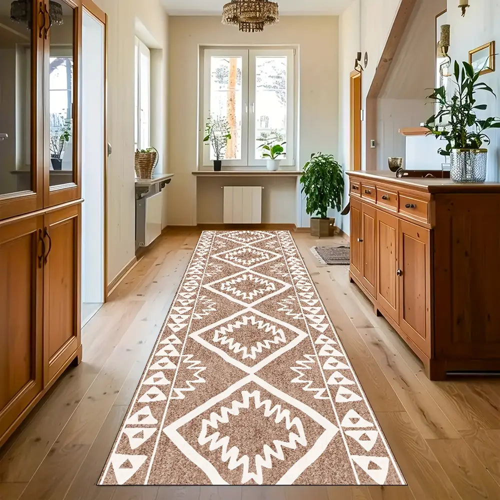 Brown Aztec Geometric Print Rug: Water Washable