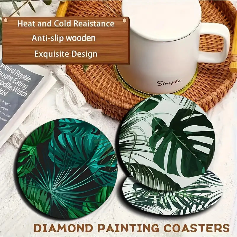 6-Piece Tropical Leaf Design Wooden Coasters Set