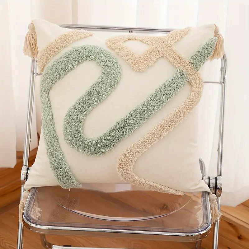 Geometric Tufted Cushion Cover - Tassel Decor Polyester Pillow Case
