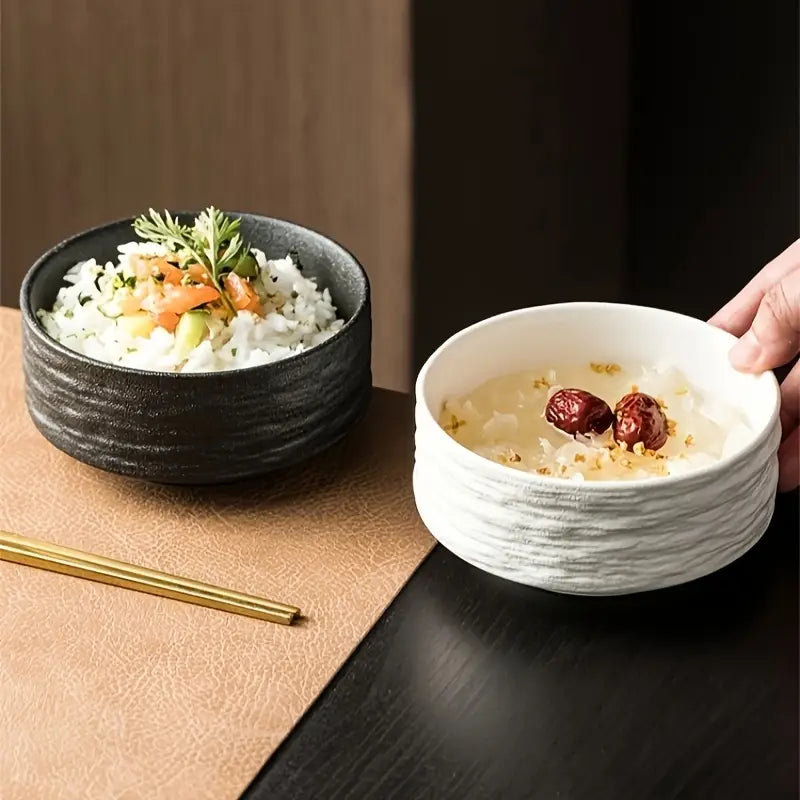Ceramic Bowls Set of 2 - Textured Porcelain Bowls- Black and White