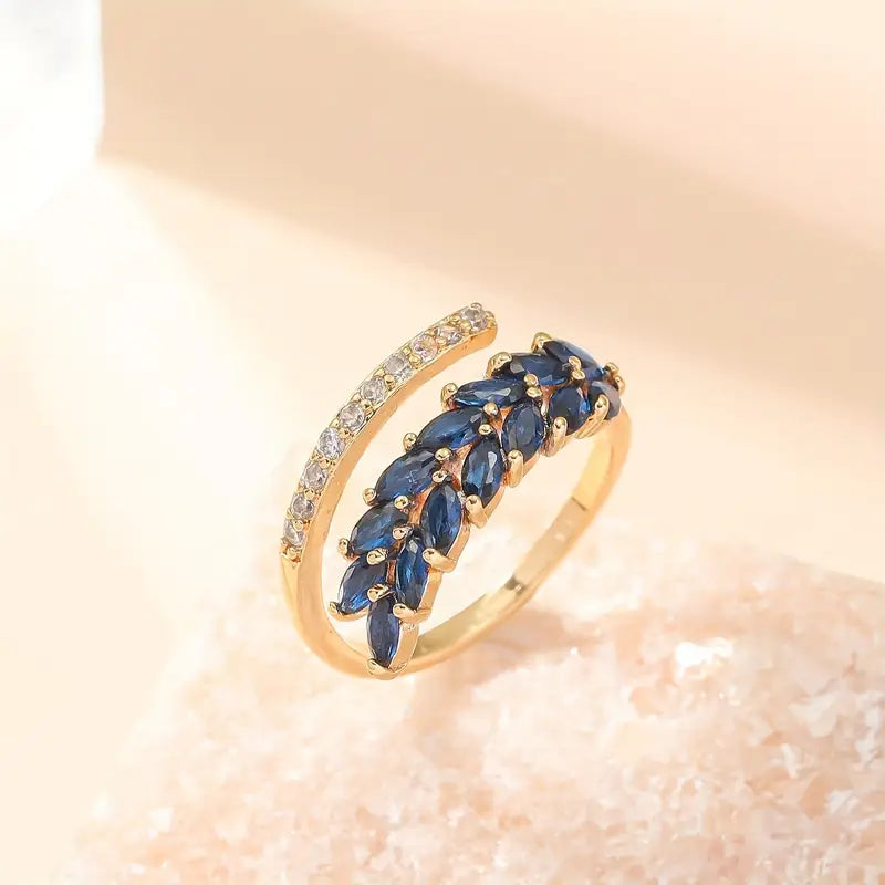 Gold Cuff Ring Adjustable Zirconia Leaves Copper