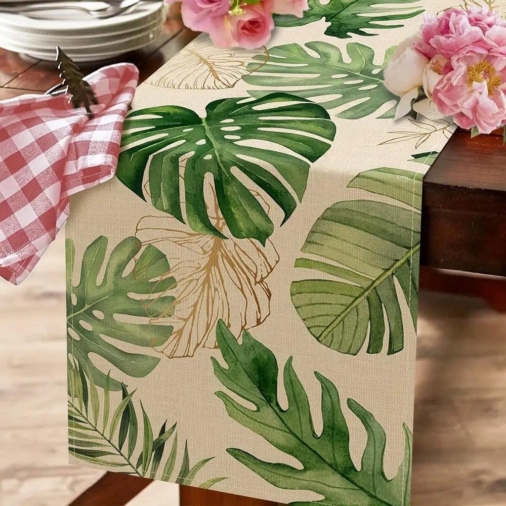 Tropical Palm Leaves Table Runner - Monstera Greenery Design