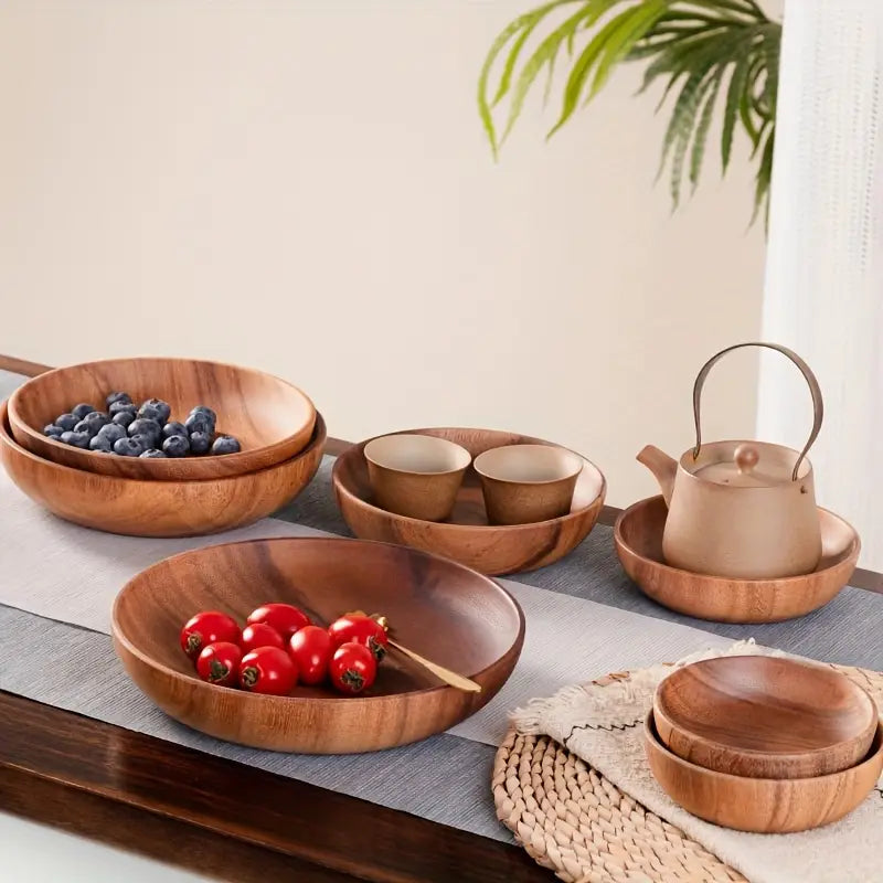 2pcs Handmade Wooden Bowl Set, Round Serving Bowls for Salad, Fruit, Dip, Dessert
