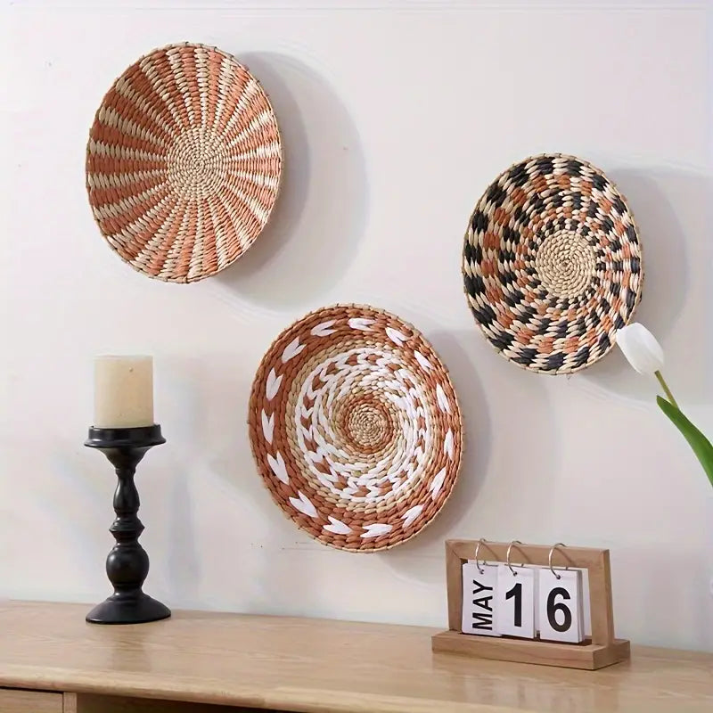 3pcs Bohemian Wall Basket Set - Handwoven Grass Decor