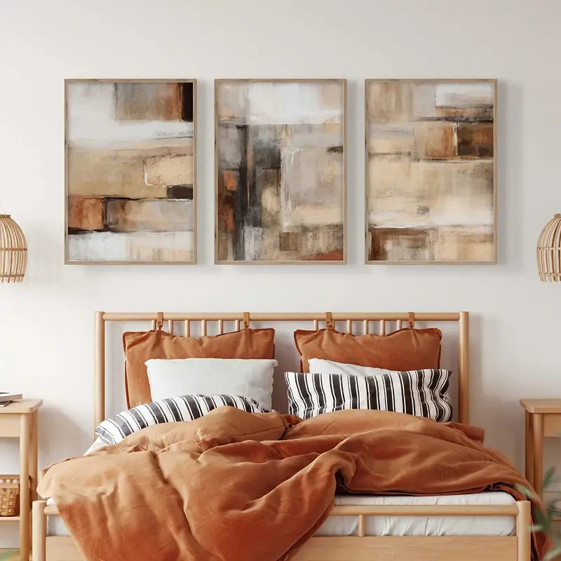Moderne neutrale abstracte schilderijenset - 3 stuks beige en bruine Scandinavische wandkunstprints