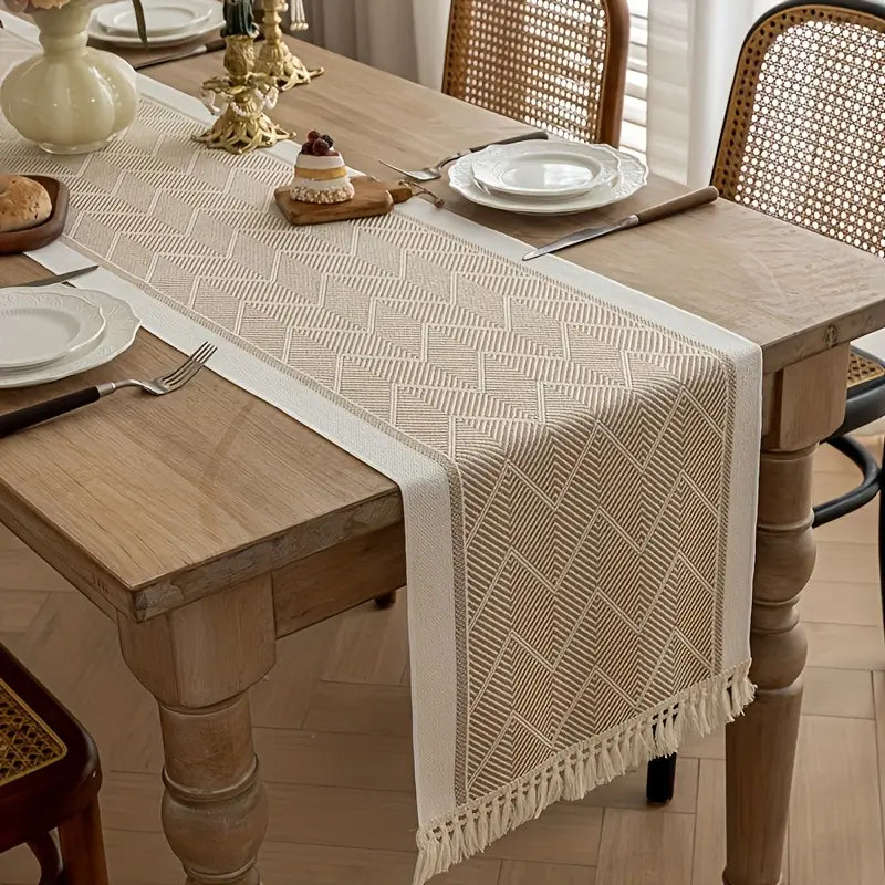 1pc Beige Striped Woven Table Runner with Fringe Tassels