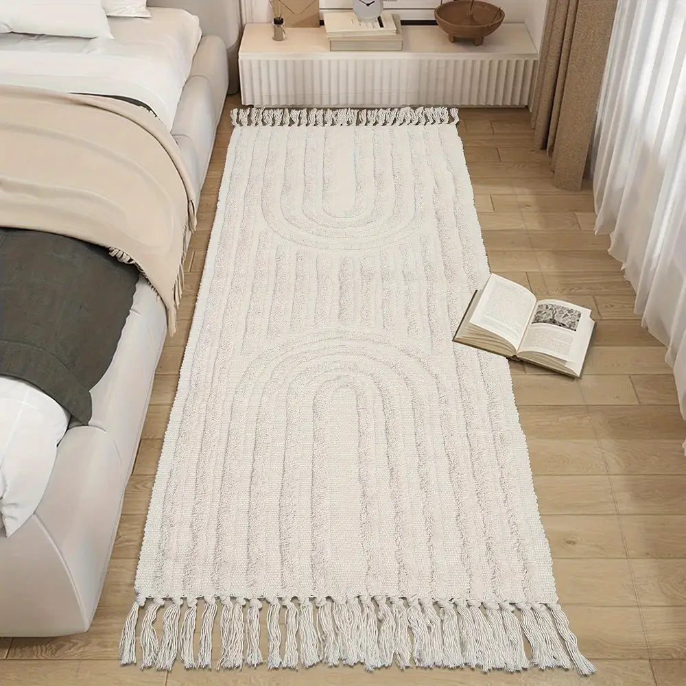 Tapis bohème à motif arc-en-ciel avec pompons - Lavable en machine