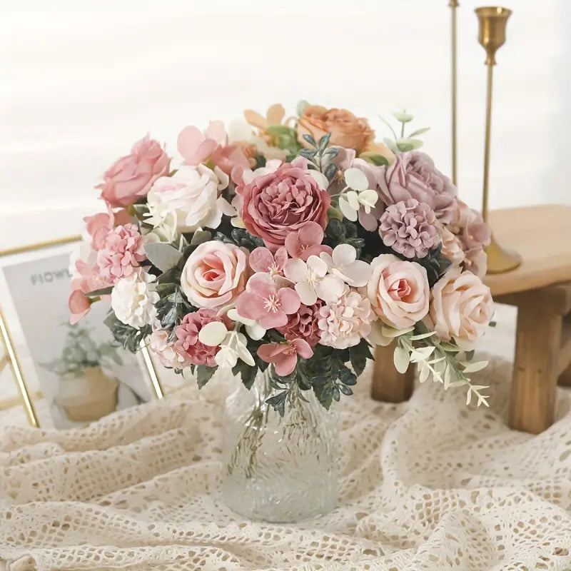Bouquet de fleurs artificielles en soie de 76 cm – 7 roses et pivoines pour Noël, Thanksgiving et plus encore
