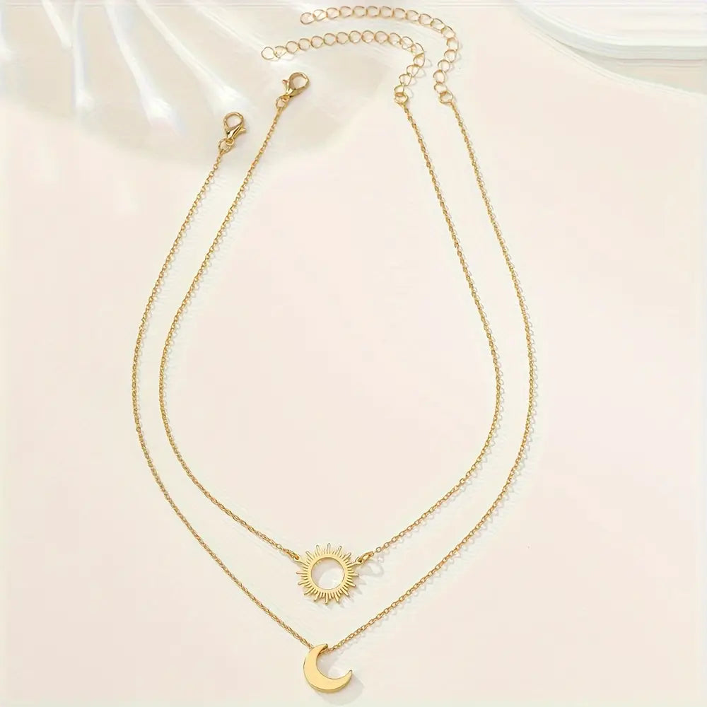 2pcs Sun & Moon Pendant Necklace Set - Minimalist Style