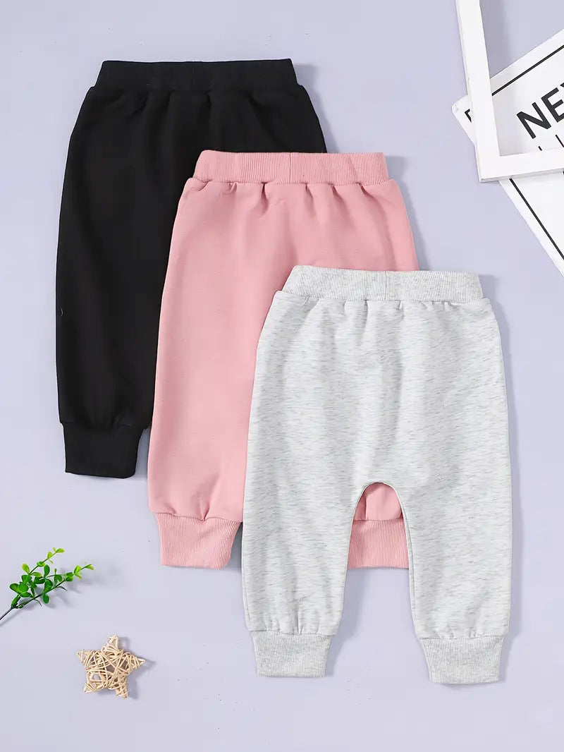 Baby Girl’s Solid Color Casual Trousers - 3-Piece Set for Everyday Comfort