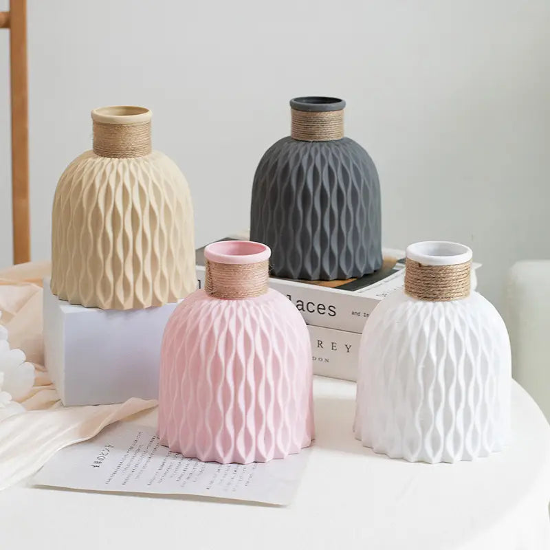 Elegant Morandi-Inspired Water Ripple Vase - Durable Plastic, Non-Slip Hemp Rope Design