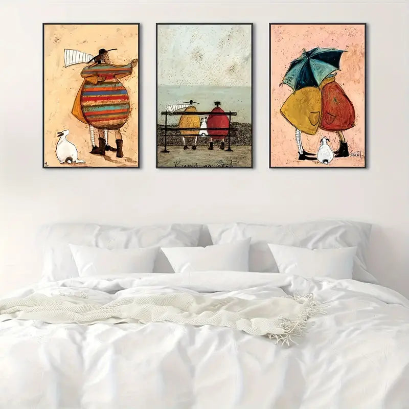 3 stuks abstracte canvas wanddecoratie met een koppel en huisdier – moderne oningelijste posterset voor thuis en als cadeau