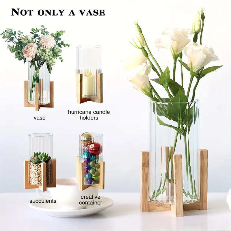 8" Ribbed Glass Vase - Wood Base, Centerpiece Candle Holder
