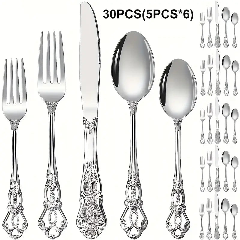 20/30-Piece Luxury Stainless Steel Flatware Set - Vintage Inspired, Mirror Polished
