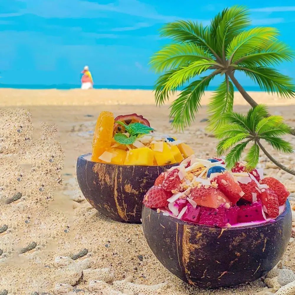 2pcs Handmade Oval Coconut Shell Bowls Set with 1 Wooden Spoon and Fork