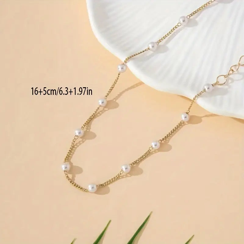 1pc Elegant Faux Pearl Beads Thin Chain Bracelet, Vintage Bohemian Style