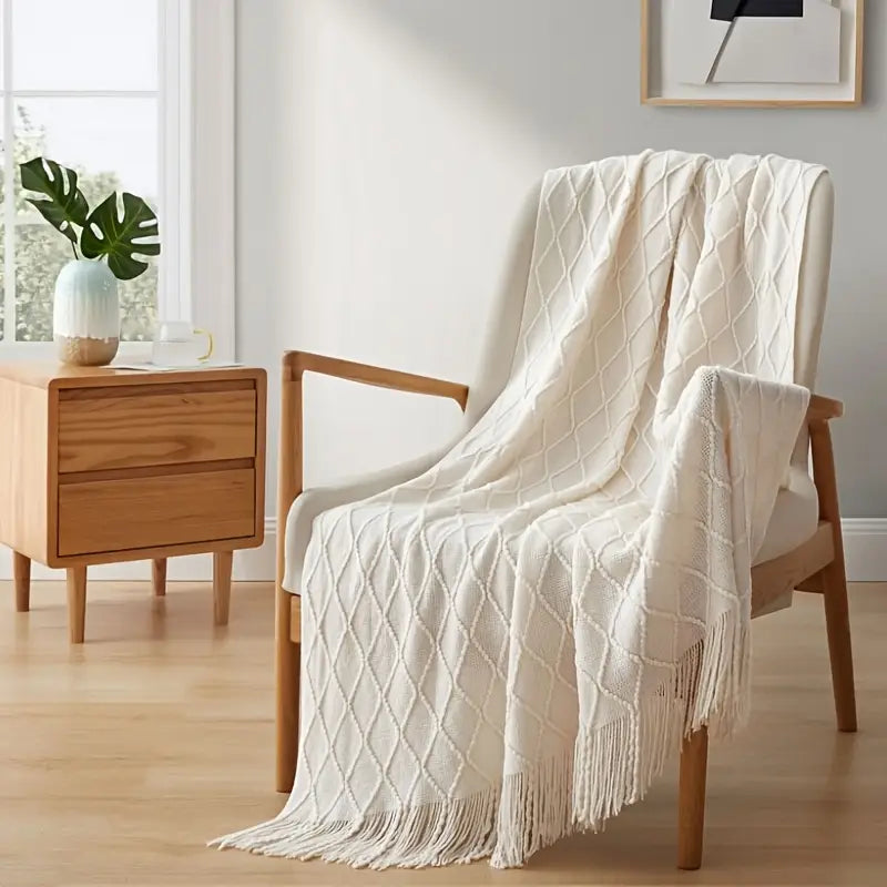 Geometric Throw Blanket: Large, Soft, Beige & White, Tassel Trim