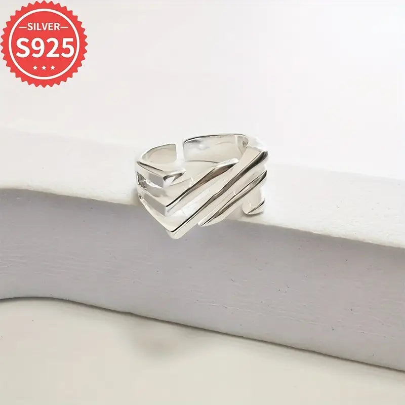 925 Silver Ring Geometric Hollow Stripe Band Fashion Jewelry